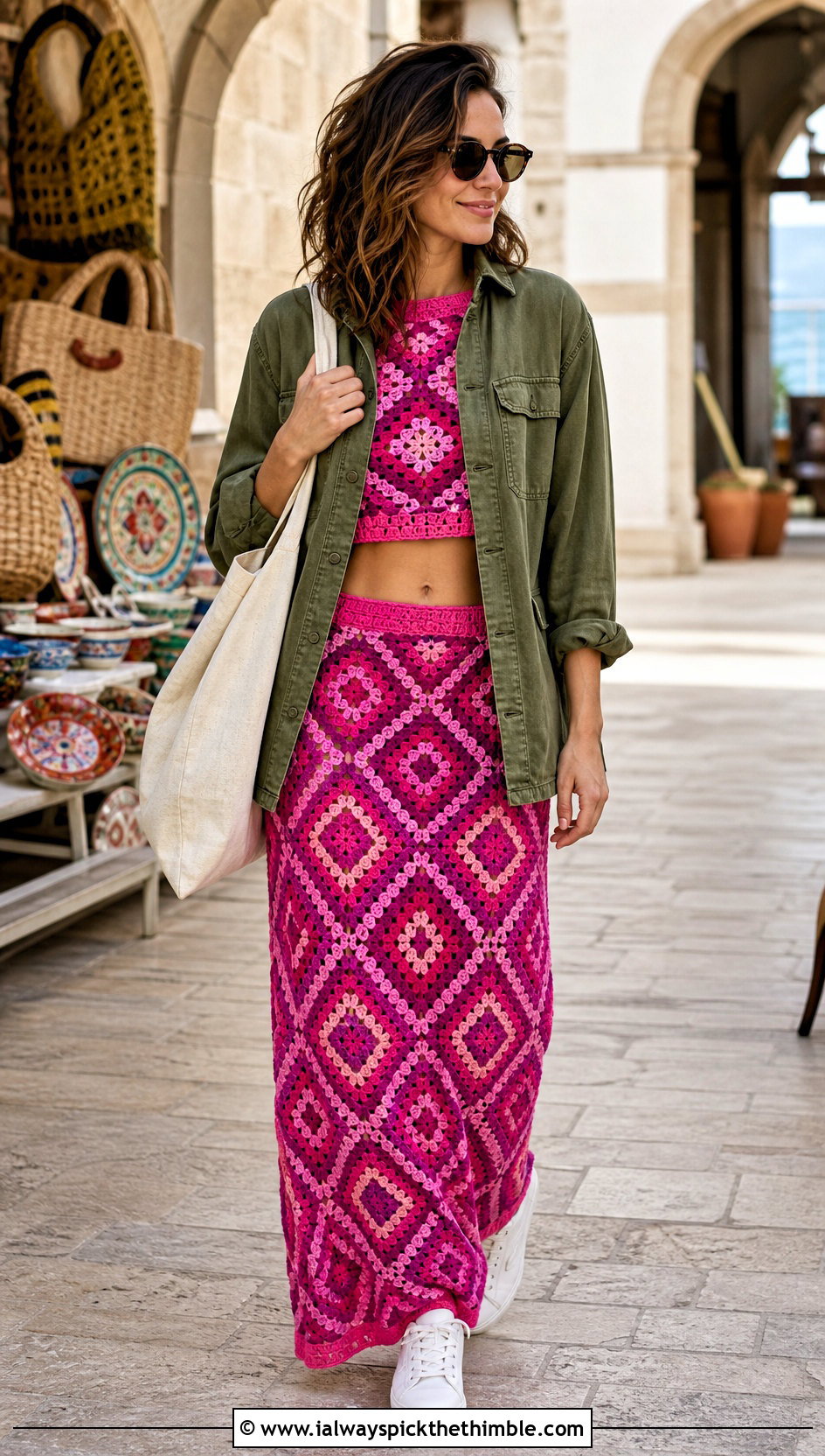 Mosaic Crochet Maxi Skirt Set With Field Jacket - 25 Crochet Skirts Set Outfit ideas