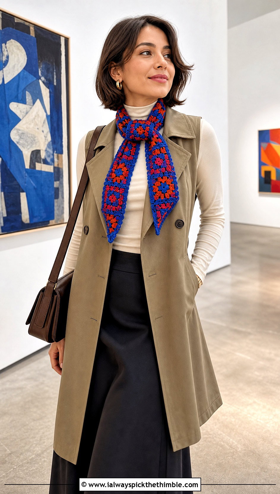 Mosaic Crochet Mini Scarf With Trench Vest And Maxi Skirt - 25 crochet mini scarf outfit ideas