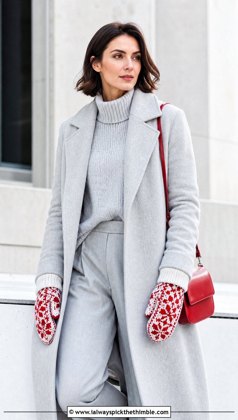 Mosaic Crochet Mittens With Monochrome Knit Set - 20 quick crochet mittens outfit ideas