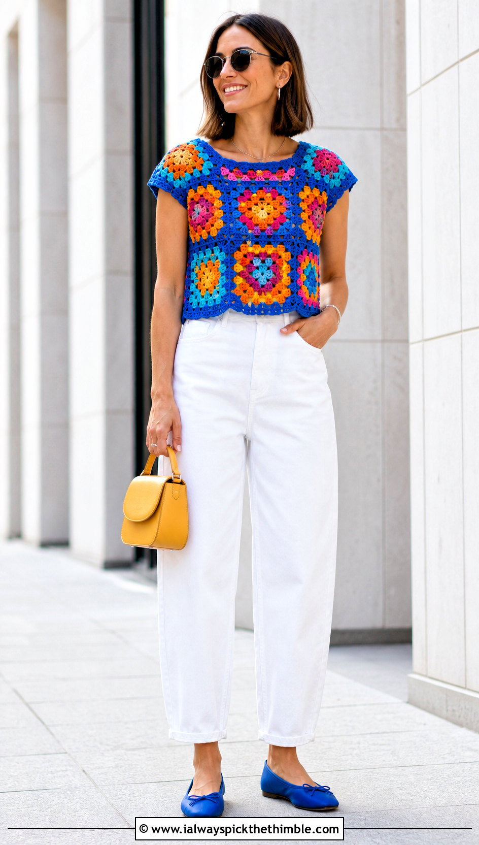 Mosaic Crochet Motif Top With White Jeans - 20 crochet motif top outfit ideas