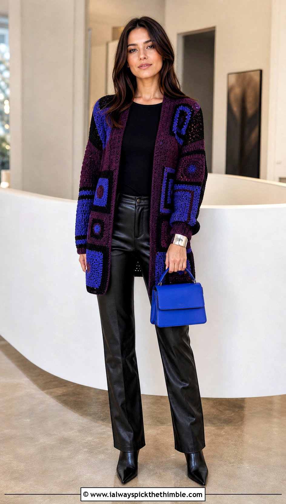 Mosaic Crochet Patched Cardigan With Leather Pants - 20 Crochet Patched Cardigan outfit ideas
