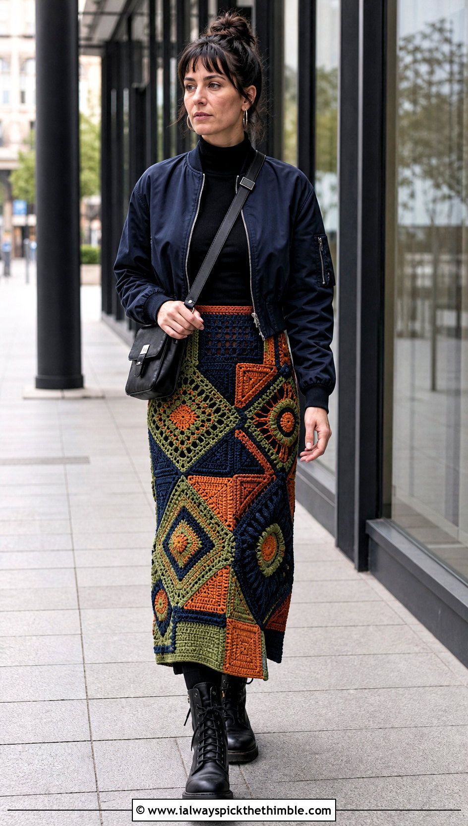 Mosaic Crochet Patchwork Midi Skirt With Bomber Jacket - 20 crochet patchwork skirt outfit ideas