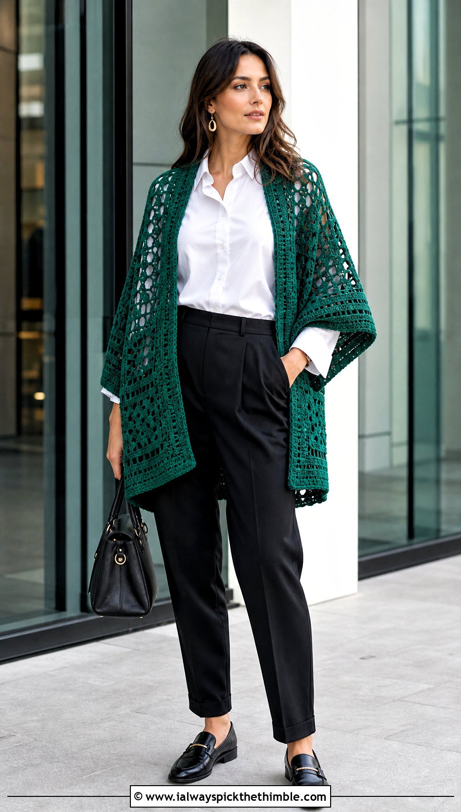 Mosaic Crochet Pocket Shawl With Pleated Trousers - 25 crochet pocket shawl outfit ideas