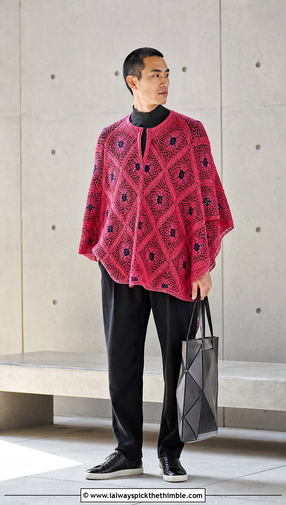 Mosaic Crochet Poncho With Minimalist Basics - 20 mens crochet poncho outfit ideas