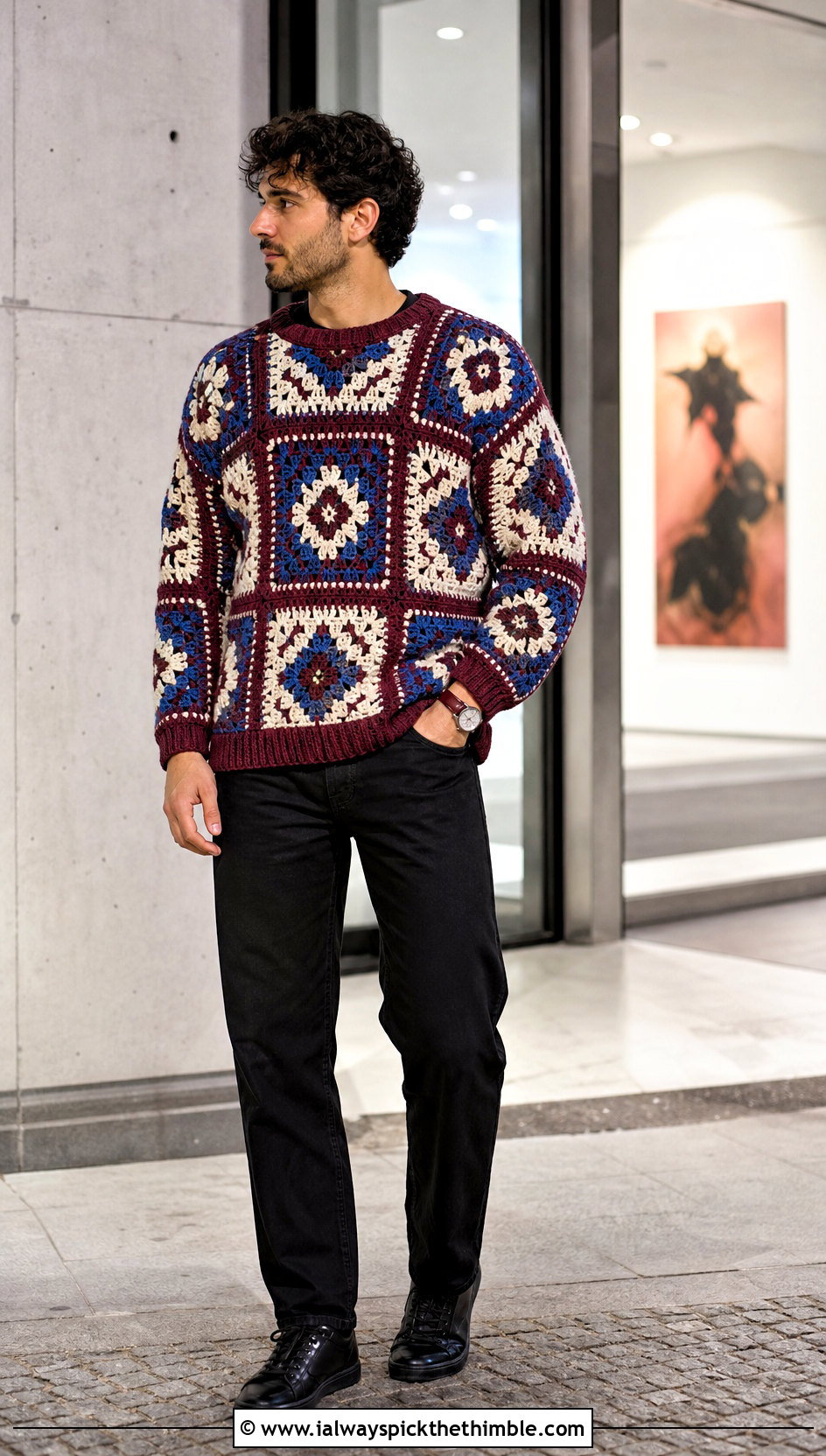 Mosaic Crochet Pullover With Black Denim - 25 crochet man sweaters outfit ideas