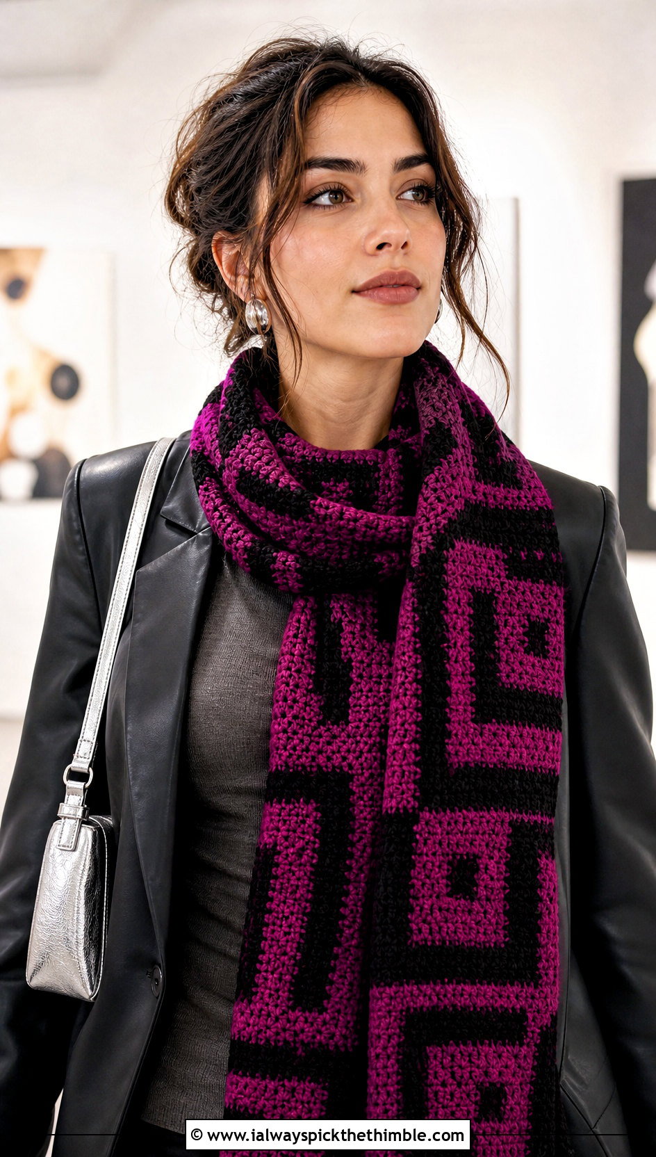 Mosaic Crochet Scarf With Faux Leather Blazer - 25 Winter Crochet Scarf outfit ideas