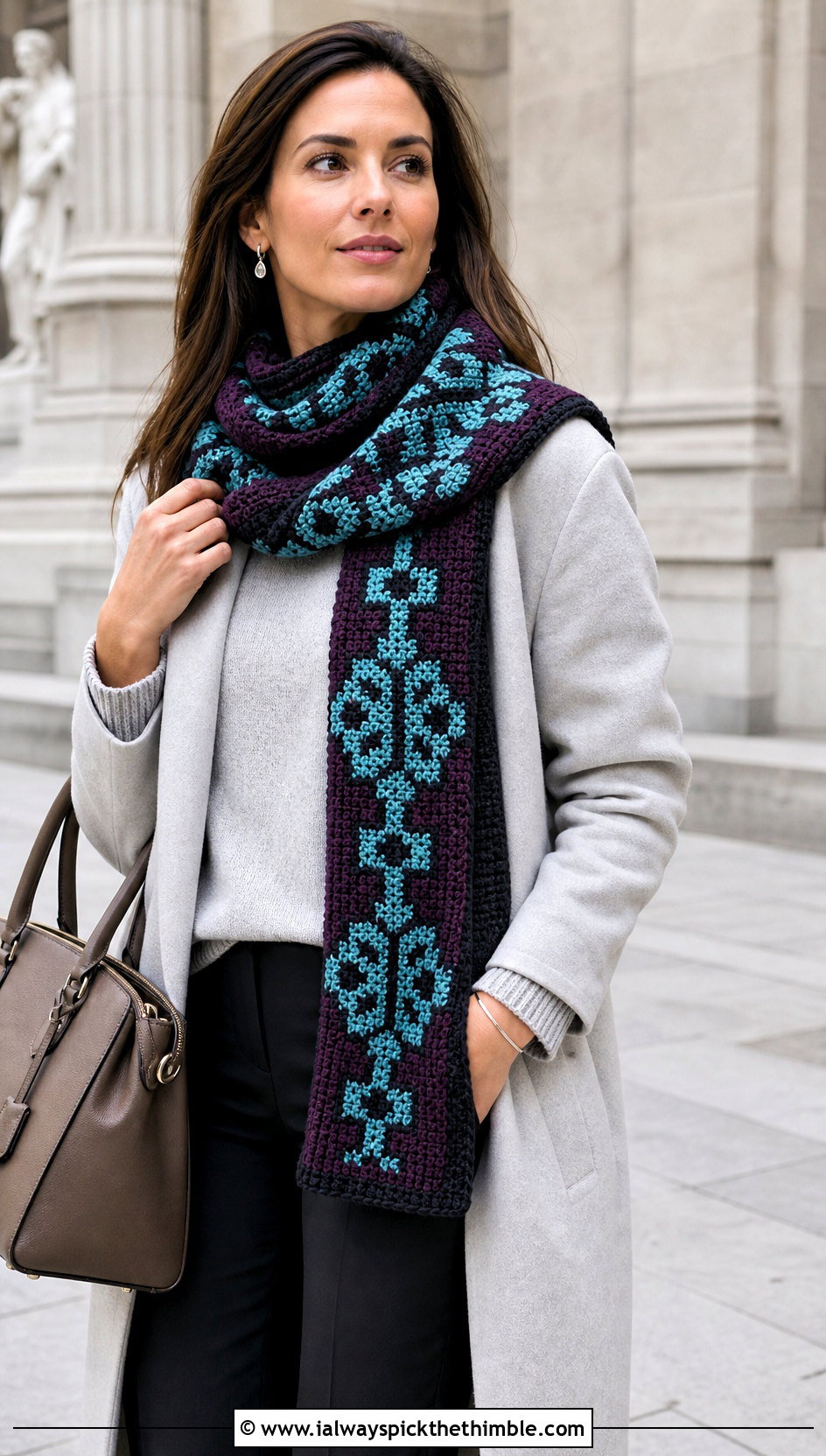 Mosaic Crochet Scarf With Minimalist Coat - 25 crochet neck scarf outfit ideas