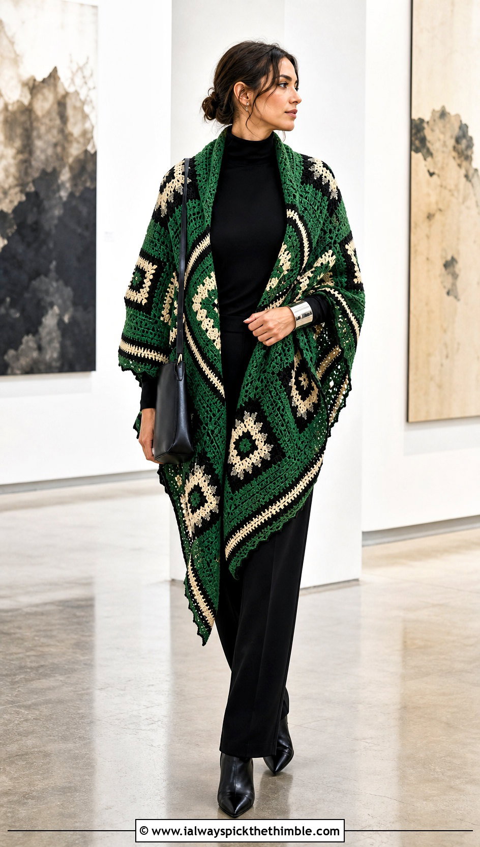 Mosaic Crochet Shawl With Black Outfit - 25 Crocheted Shawls And Wraps outfit ideas