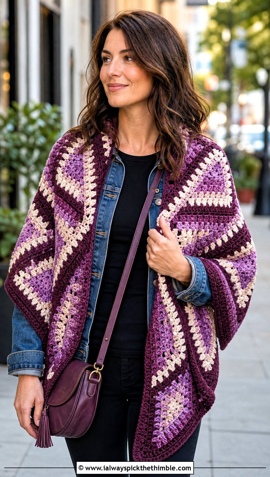 Mosaic Crochet Shawl With Denim Jacket - 25 easy simple crochet shawl outfit ideas