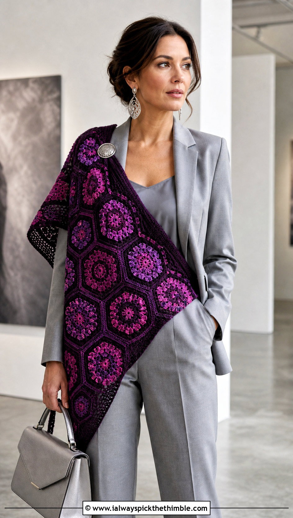 Mosaic Crochet Shawl With Monochrome Pantsuit - 15 bright crochet shawl outfit ideas