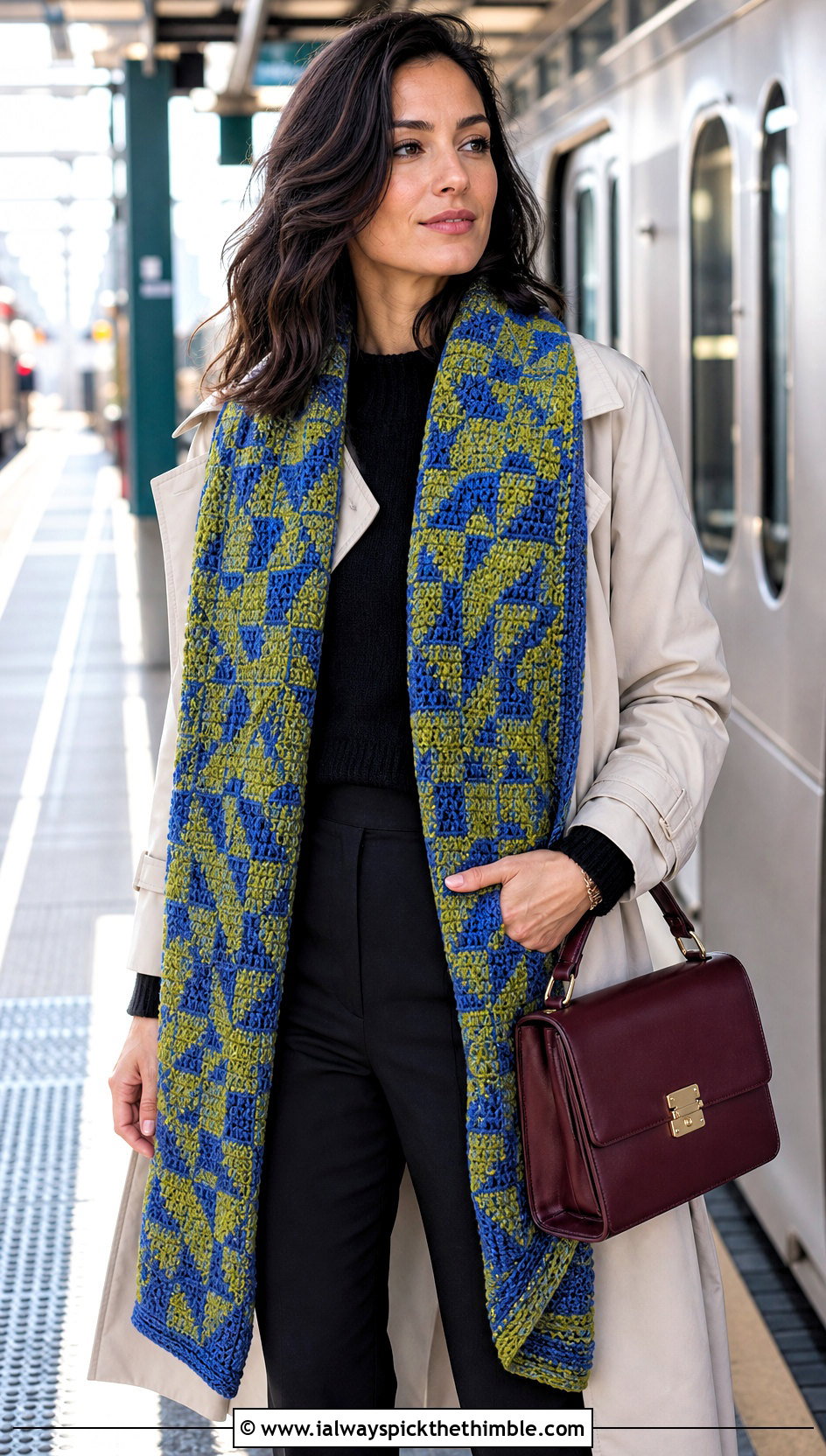 Mosaic Crochet Shawl With Trench Coat - 20 boho crochet shawl outfit ideas
