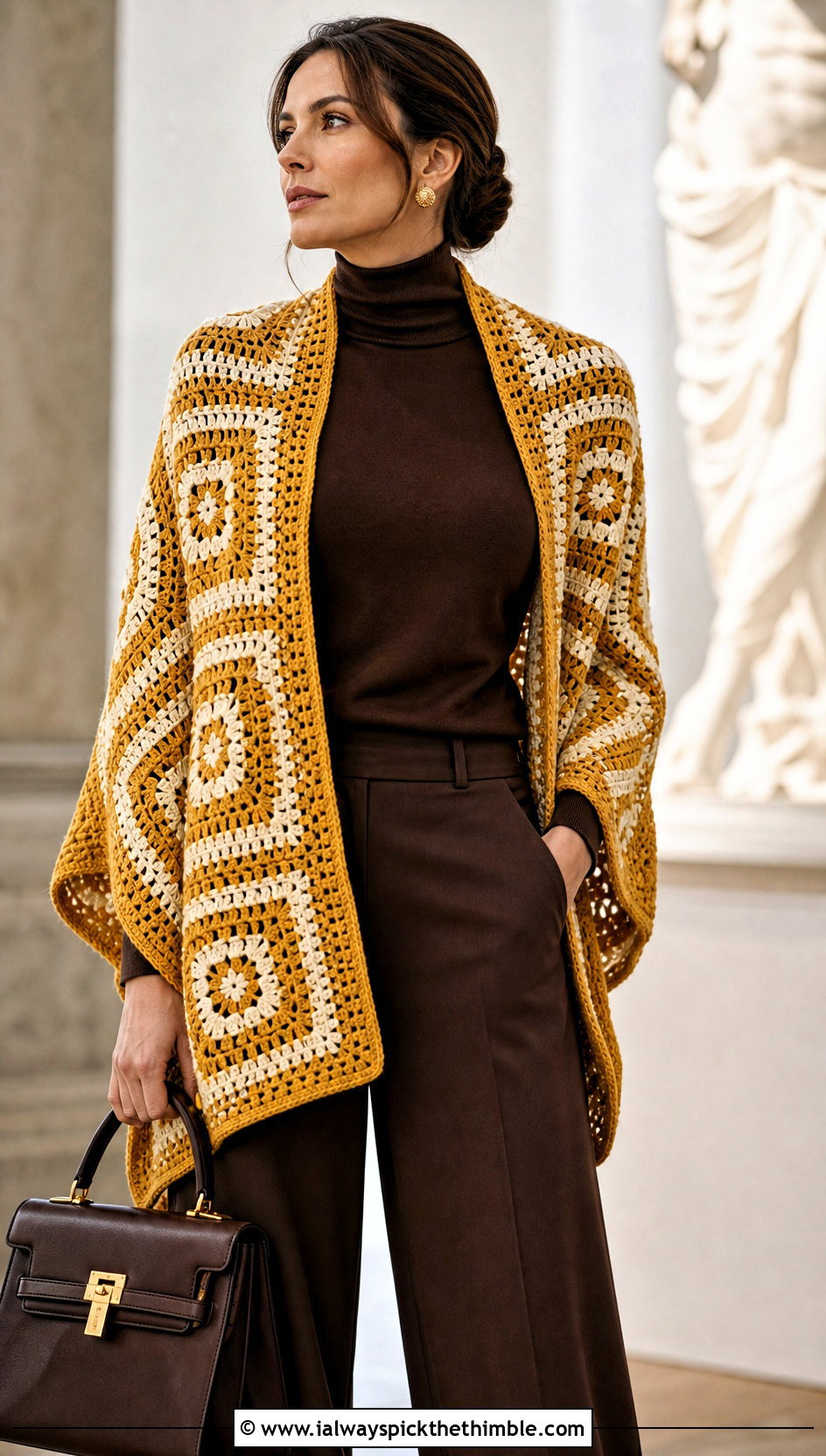Mosaic Crochet Shawl With Turtleneck And Wide Leg Trousers - 25 crochet shawl outfit ideas