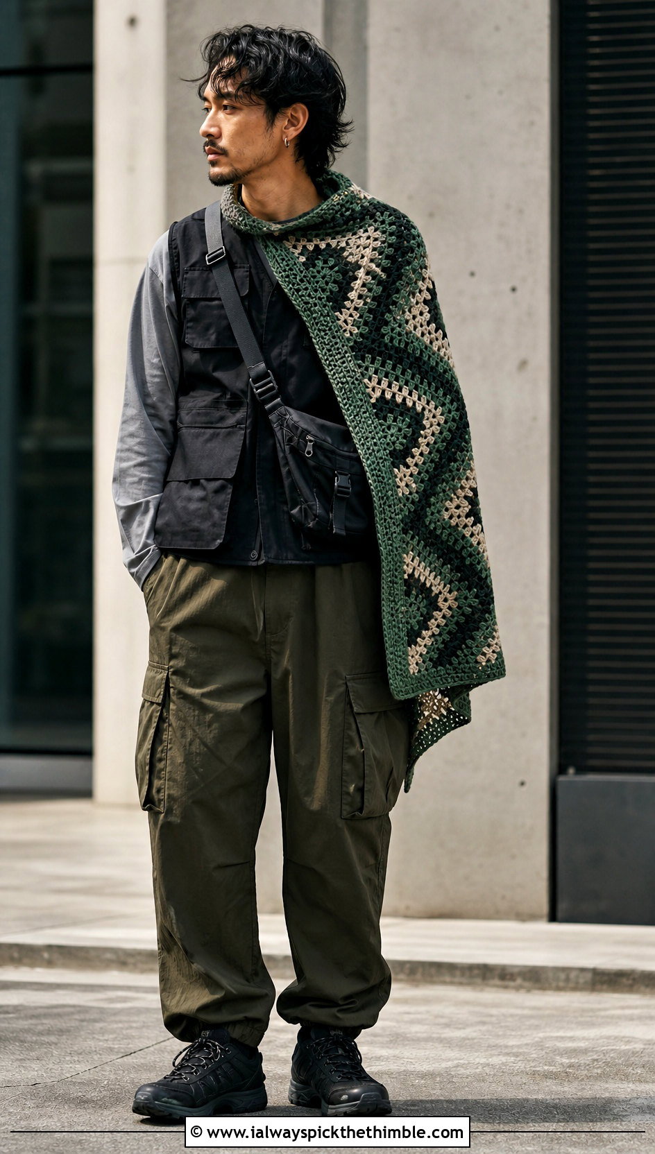 Mosaic Crochet Shawl With Utility Vest - 20 crochet shawl for men outfit ideas