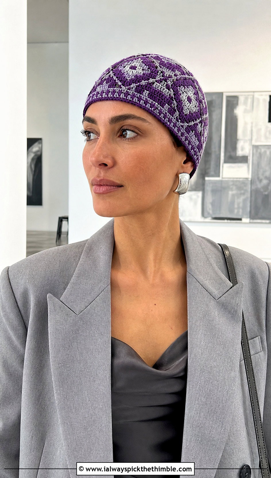Mosaic Crochet Skull Cap With Slip Dress - 25 mosaic crochet hat outfit ideas