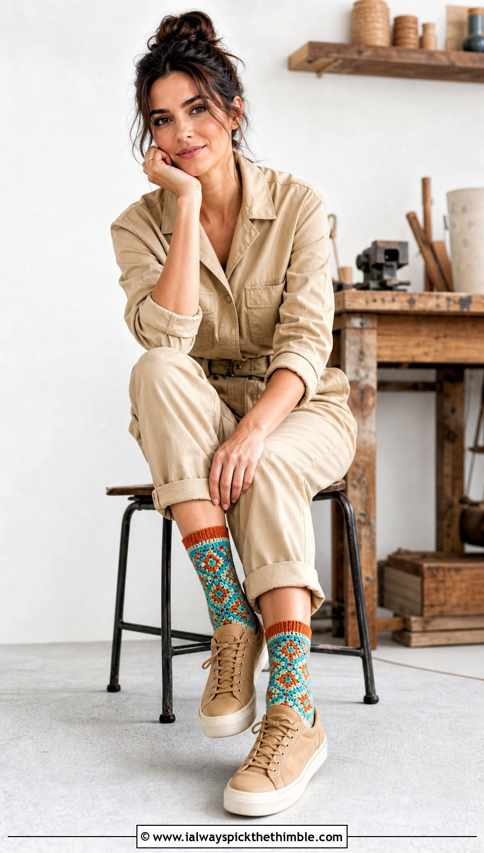 Mosaic Crochet Socks With A Utility Jumpsuit - 20 Crocheted Socks outfit ideas