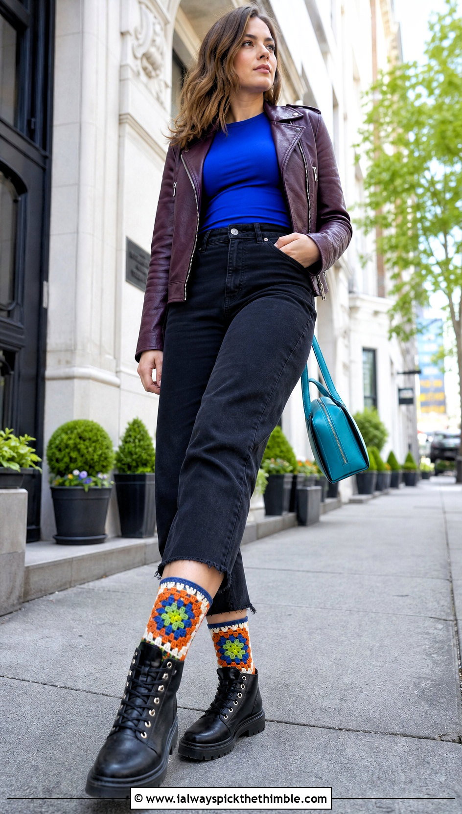 Mosaic Crochet Socks With Black Jeans - 25 easy crochet socks outfit ideas