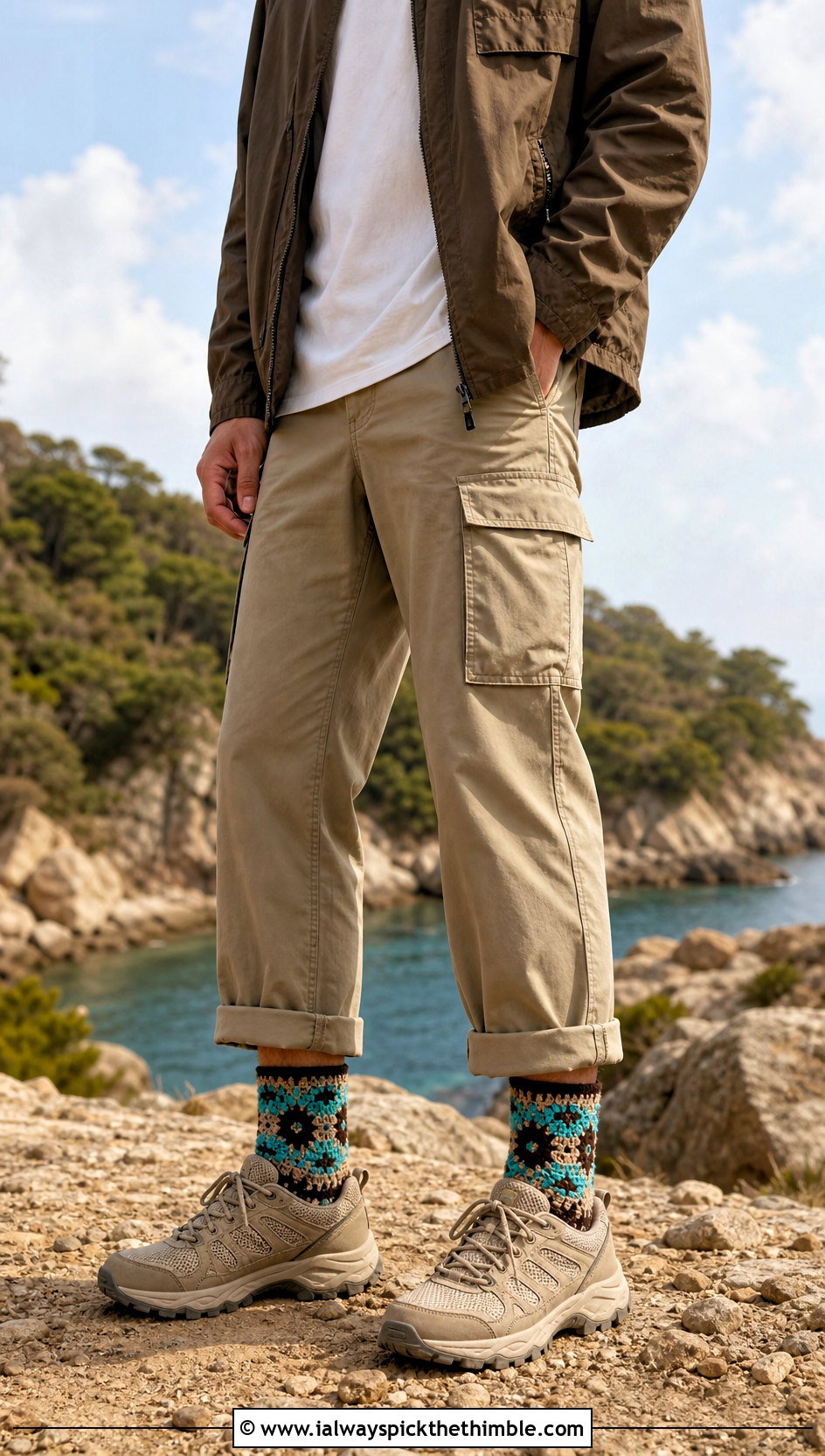 Mosaic Crochet Socks With Utility Pants And Hiking Shoes - 25 crochet socks outfit ideas