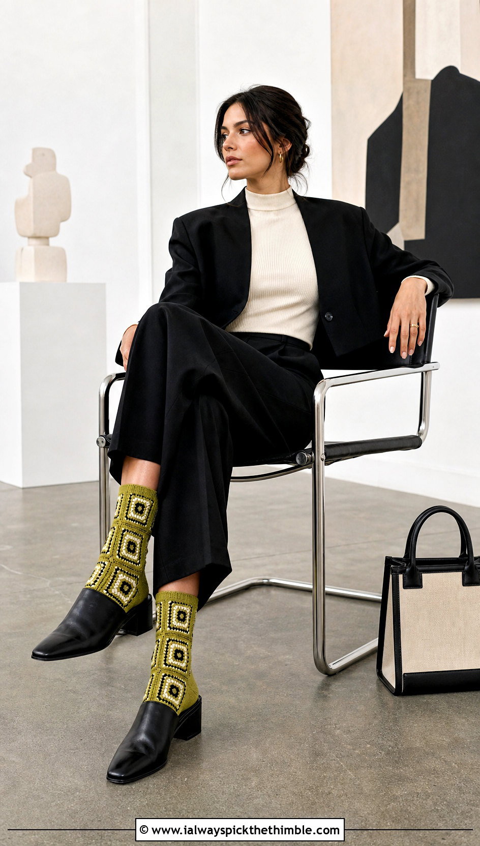 Mosaic Crochet Socks With Wide Leg Trousers - 25 crochet sock outfit ideas