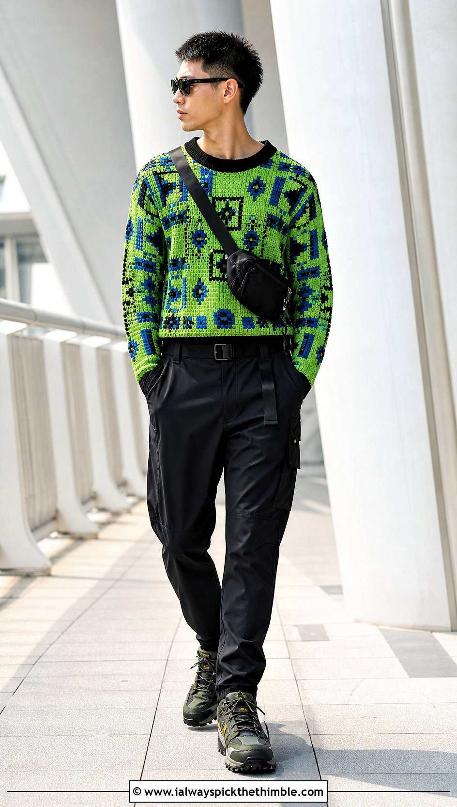 Mosaic Crochet Sweater With Technical Pants - 20 man crochet sweater outfit ideas