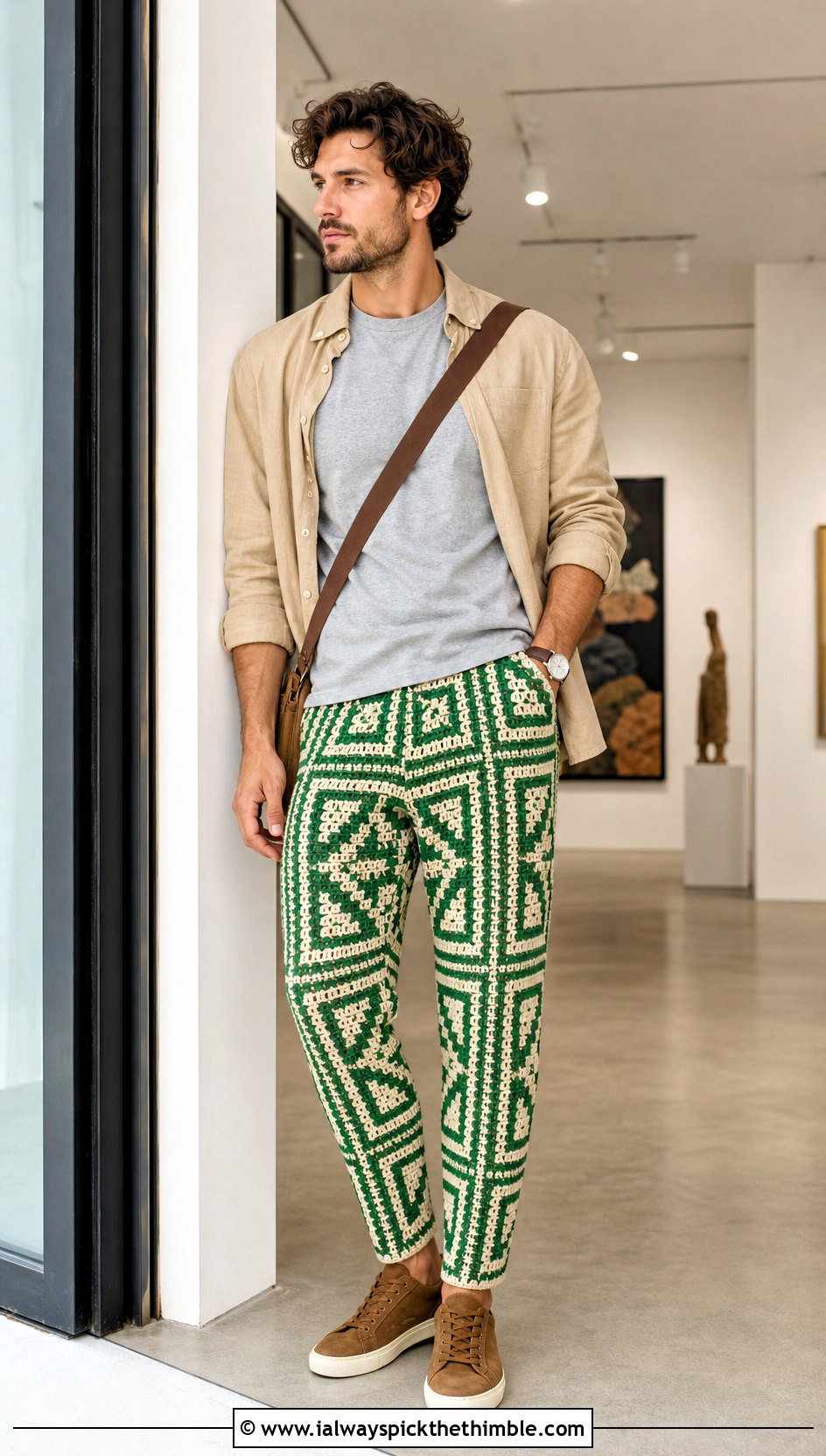 Mosaic Crochet Tapered Pants With Overshirt - 20 mens crochet pants outfit ideas