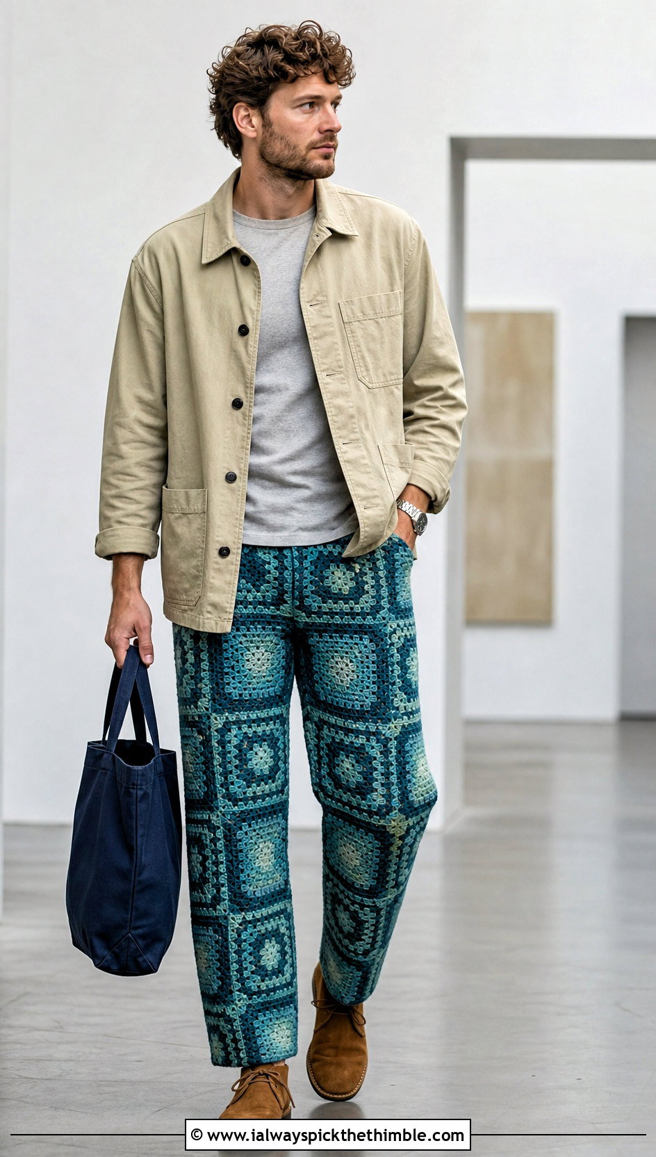 Mosaic Crochet Trousers With Chore Jacket - 15 crochet men pants outfit ideas