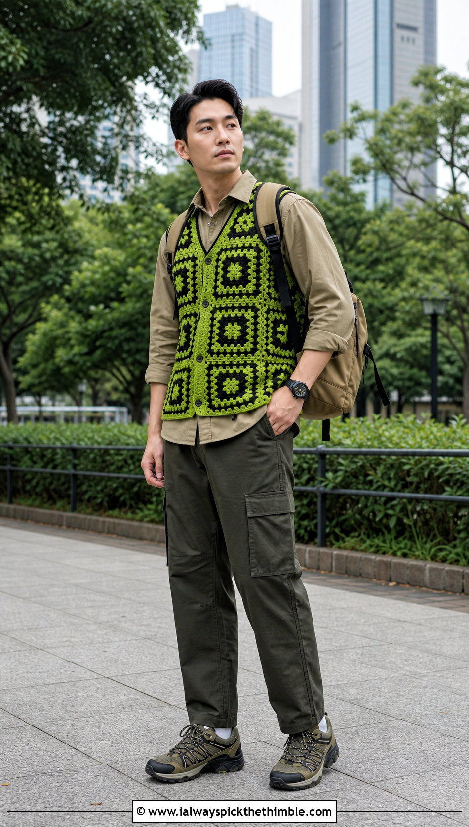 Mosaic Crochet Vest With Utility Shirt And Cargo Trousers - 20 mens crochet vest outfit ideas