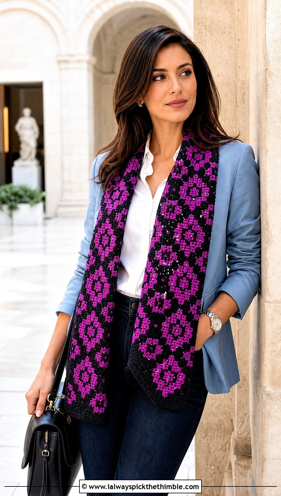 Mosaic Crochet Wide Scarf With Blazer And Jeans - 20 Crochet Wide Scarf outfit ideas