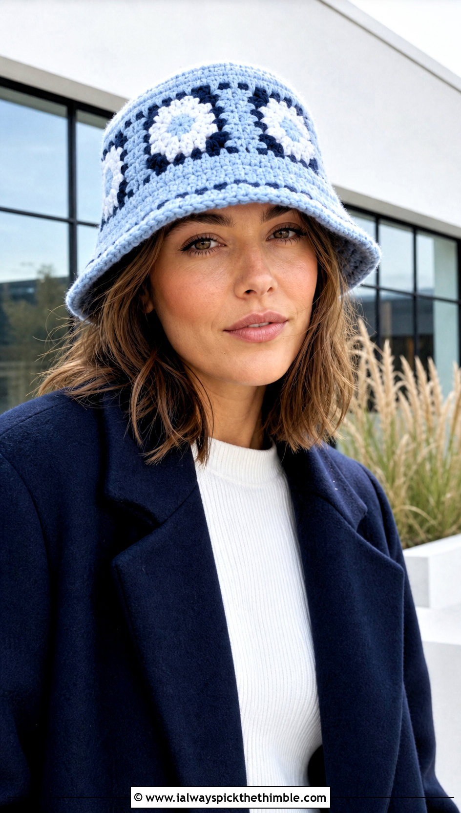 Mosaic Crochet Winter Bucket Hat With Tailored Blazer - 25 crochet winter bucket hat outfit ideas