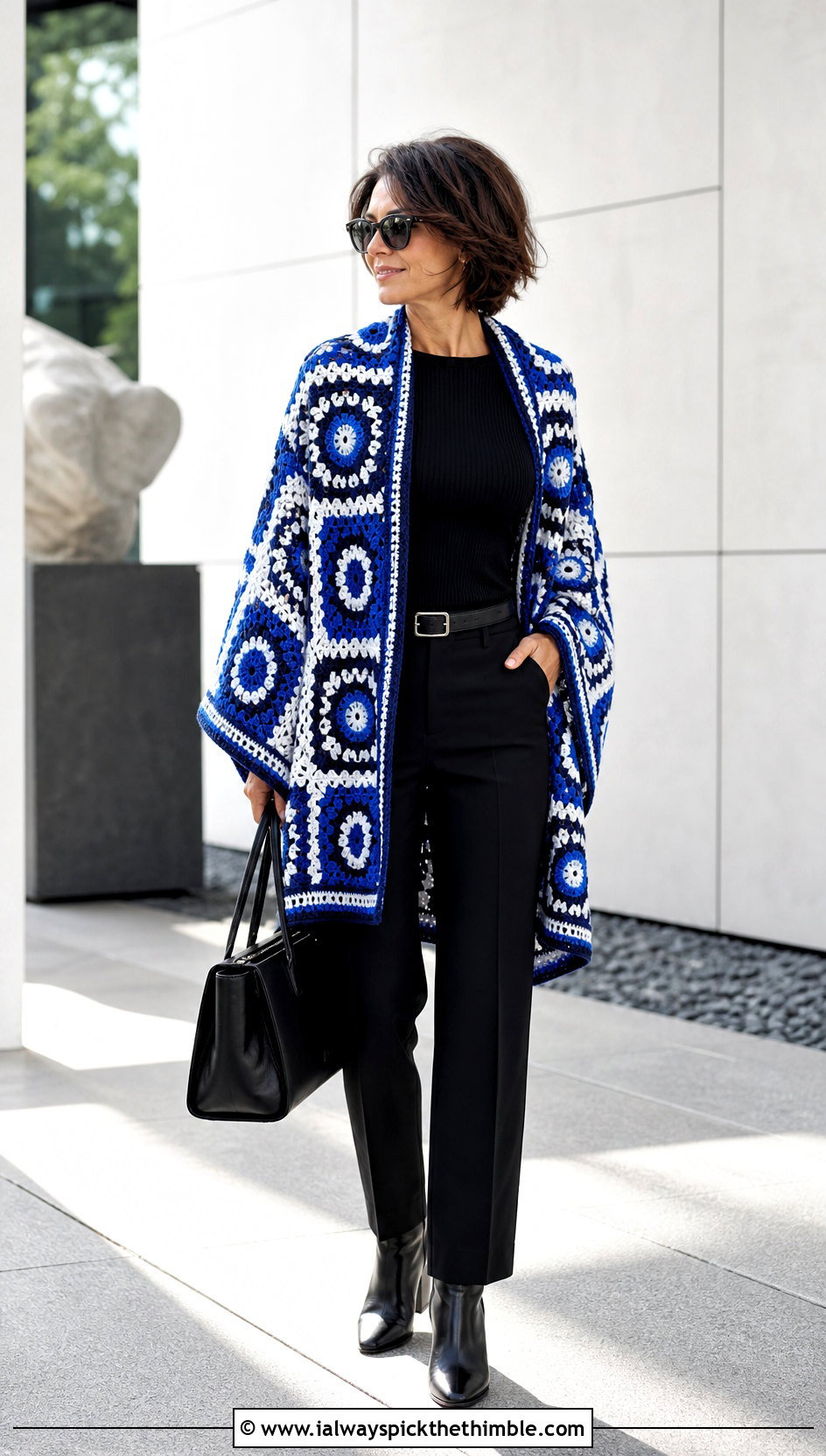 Mosaic Crochet Wrap With Monochrome Basics - 20 Crochet For Shawls And Wraps outfit ideas