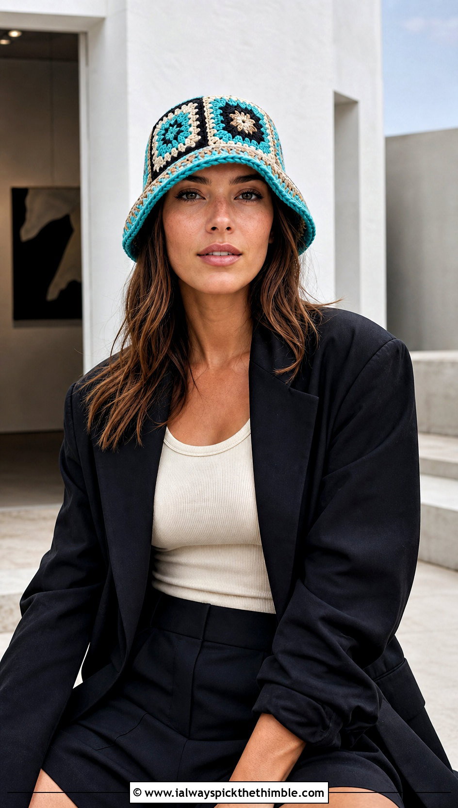 Mosaic Crocheted Bucket Hat With Blazer And Shorts - 25 Crocheted Bucket Hat outfit ideas