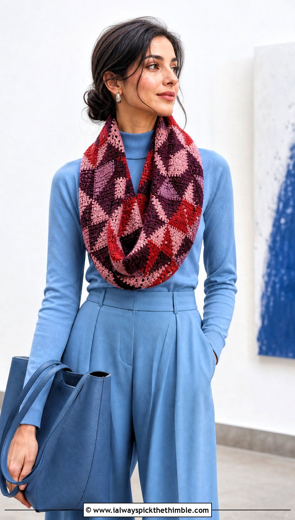 Mosaic Crocheted Infinity Scarf With Monochrome Outfit - 15 Easy Crocheted Infinity Scarf outfit ideas
