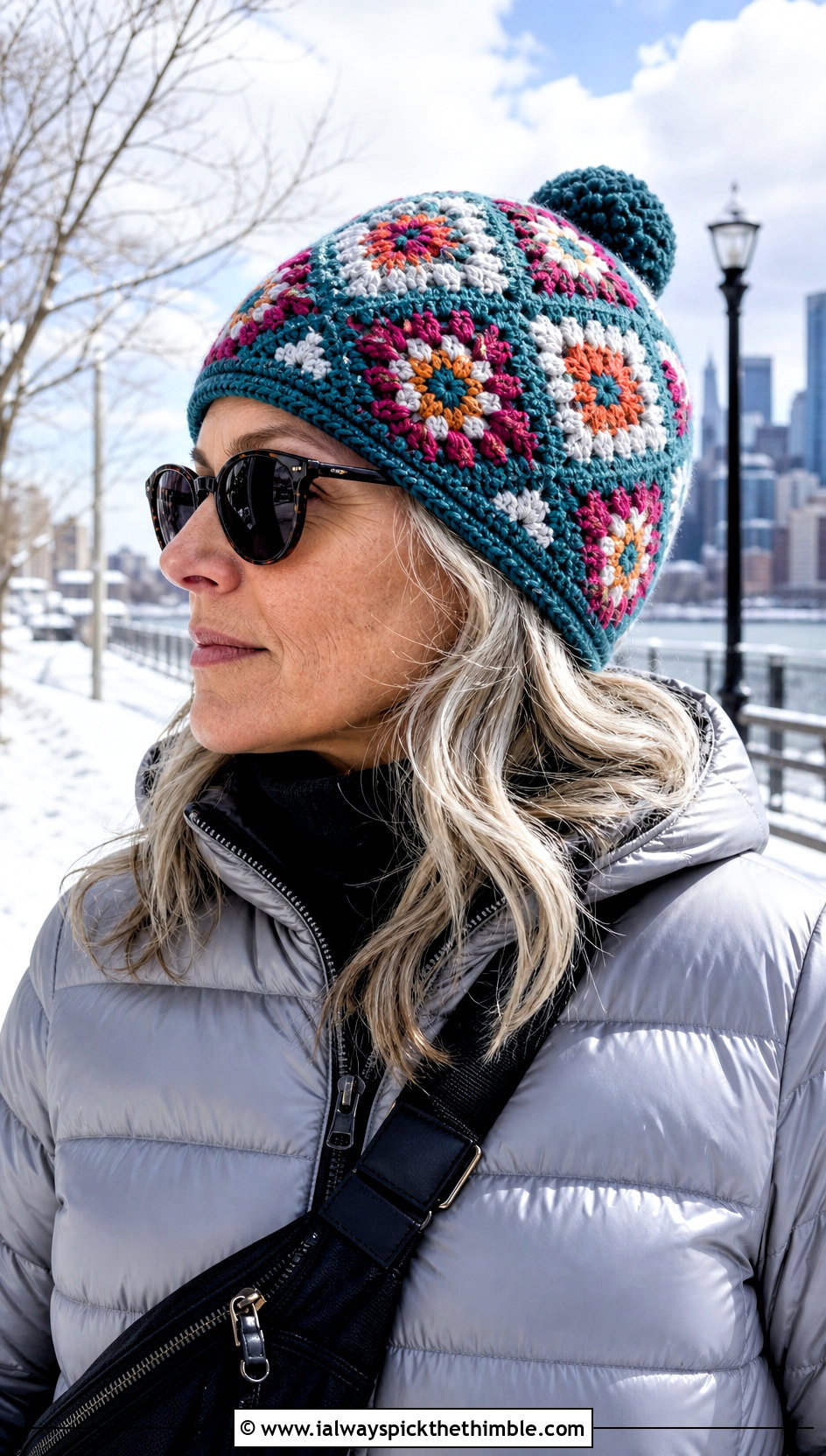 Mosaic Diamond Crochet Beanie With Puffer Jacket - 15 Diamond Crochet Hat outfit ideas