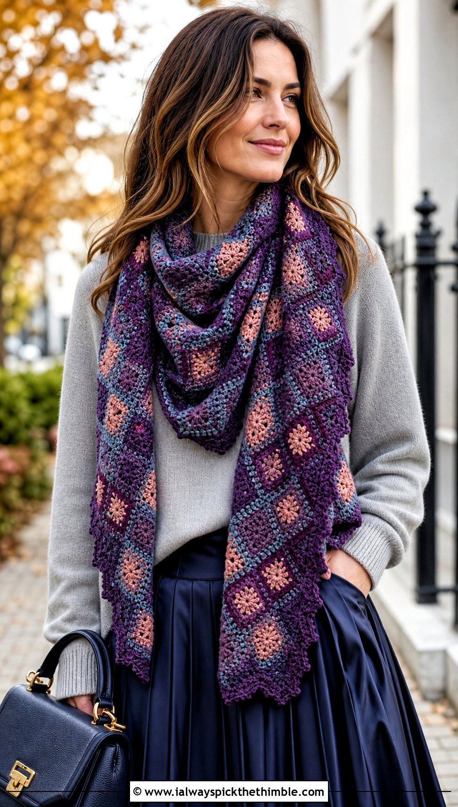 Mosaic Diamond Scarf With Sweater And Pleated Skirt - 15 diamond crochet scarf outfit ideas