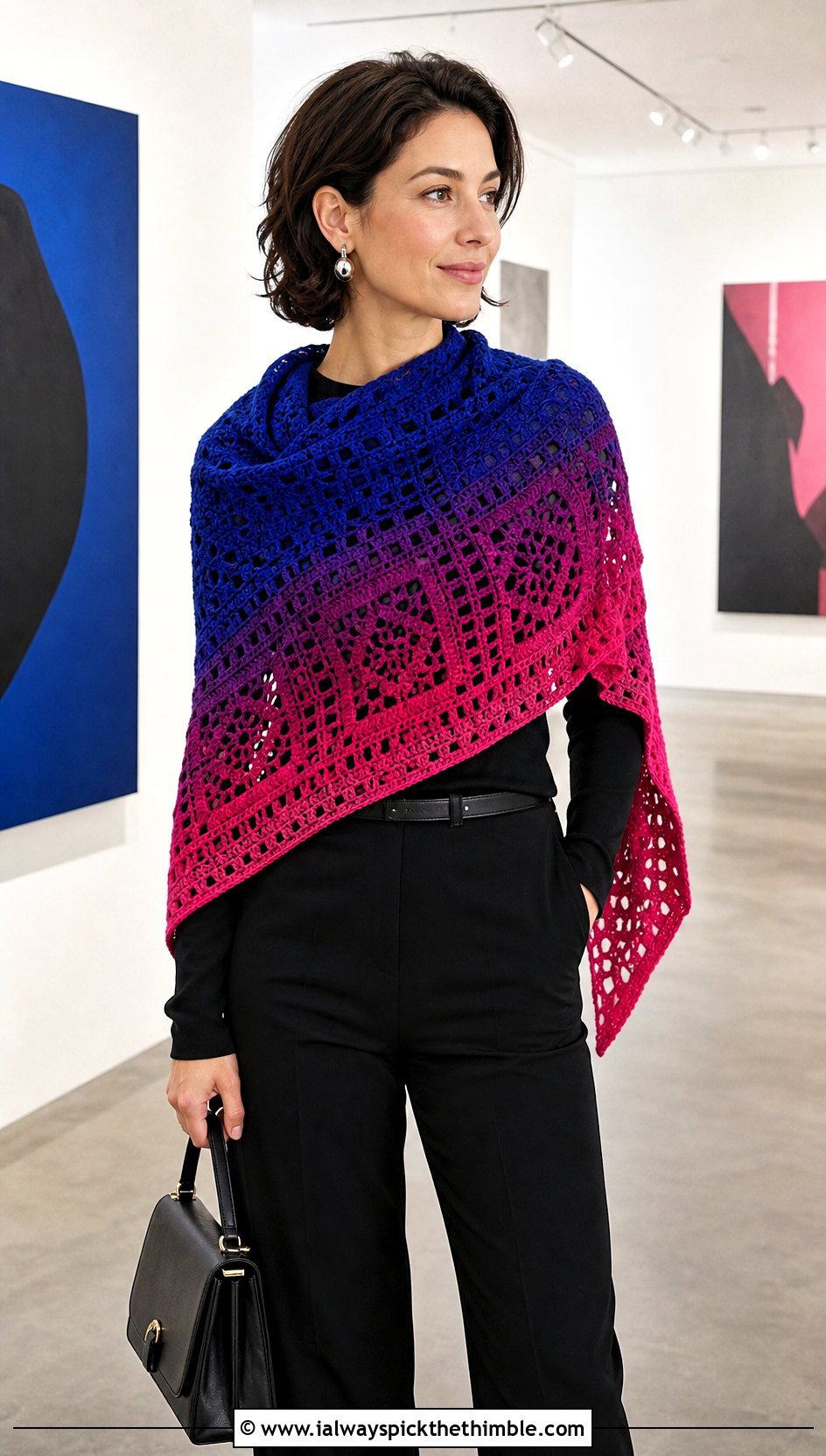 Mosaic Fade Shawl With Black Top And Pants - 15 Crochet Fade Shawl outfit ideas