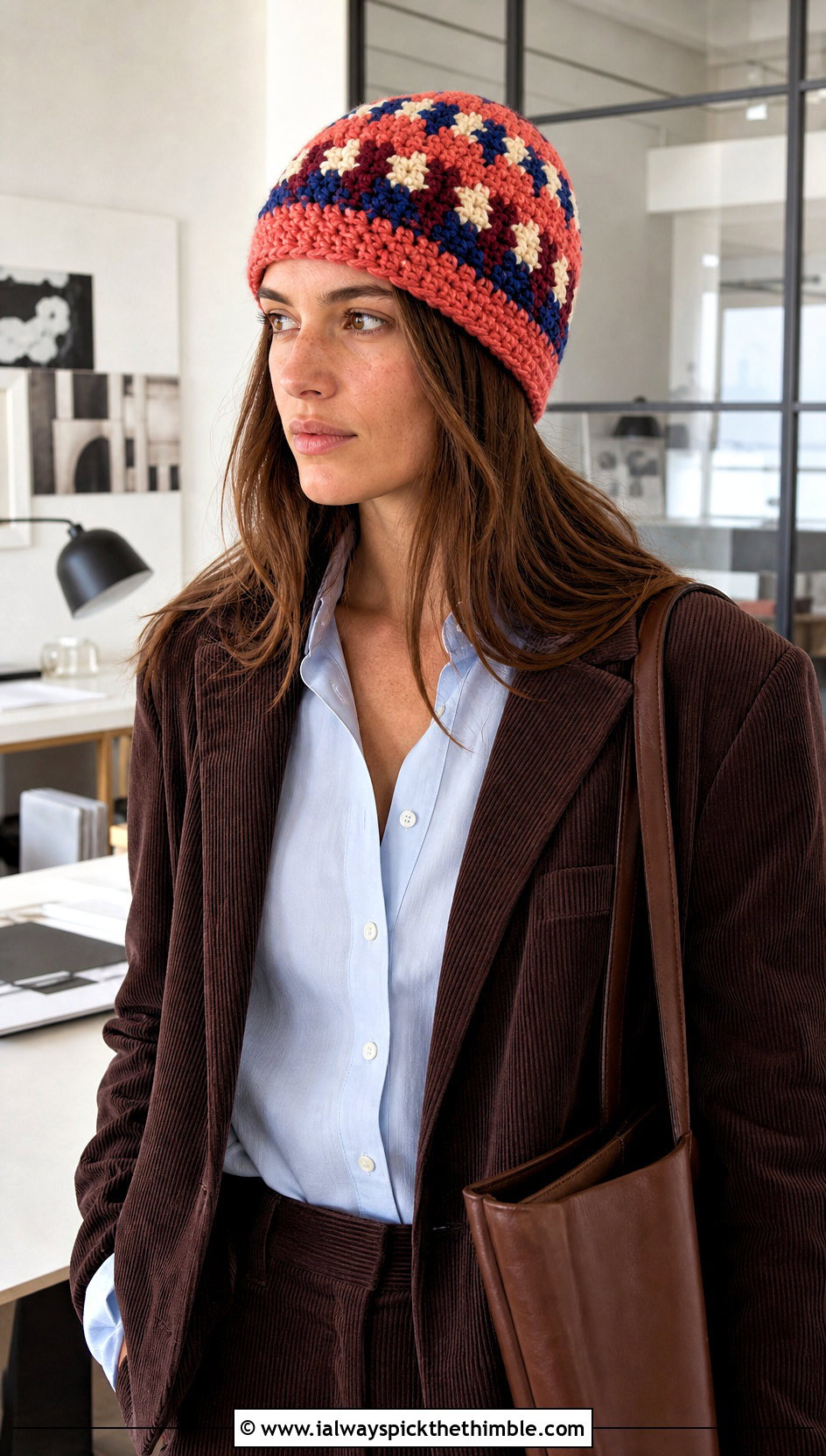 Mosaic Fair Isle Crochet Beanie With Corduroy Suit - 20 Crochet Fair Isle Beanie outfit ideas