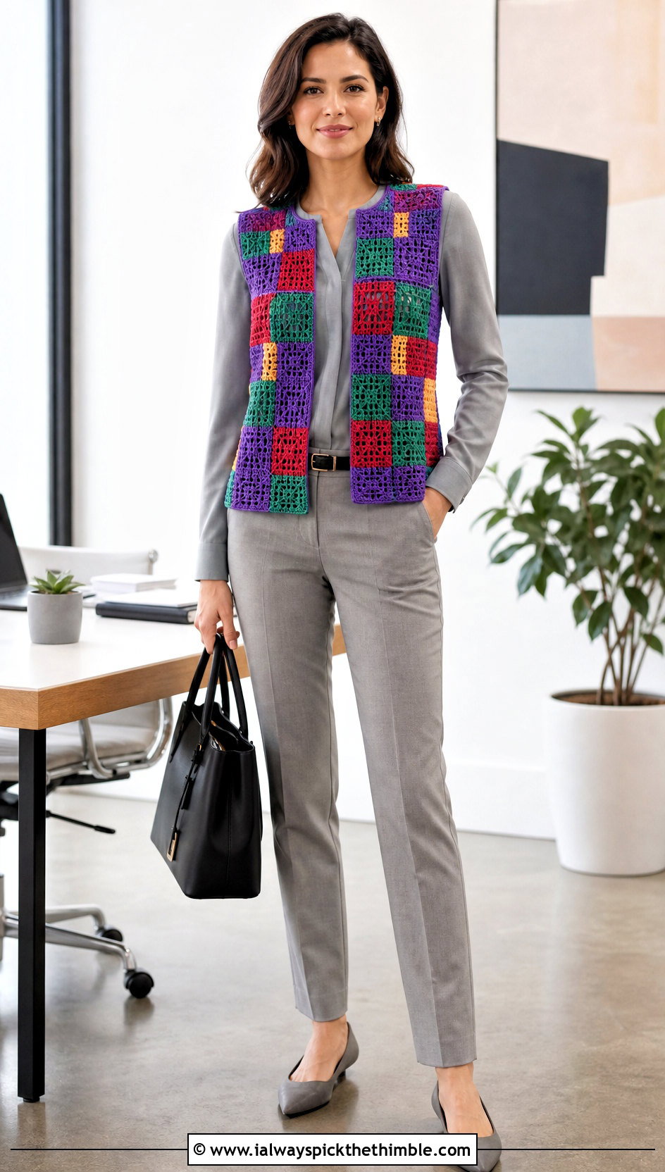 Mosaic Filet Crochet Vest With Monochrome Workwear - 25 filet crochet vest outfit ideas