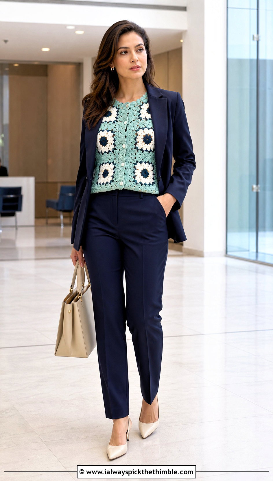 Mosaic Flower Cardigan With Trouser Suit - 20 crochet flower cardigan outfit ideas