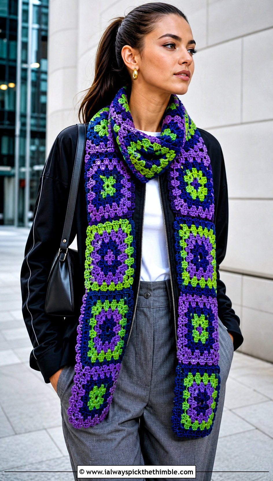Mosaic Granny Crochet Scarf With Track Jacket And Tailored Pants - 25 granny crochet scarf outfit ideas