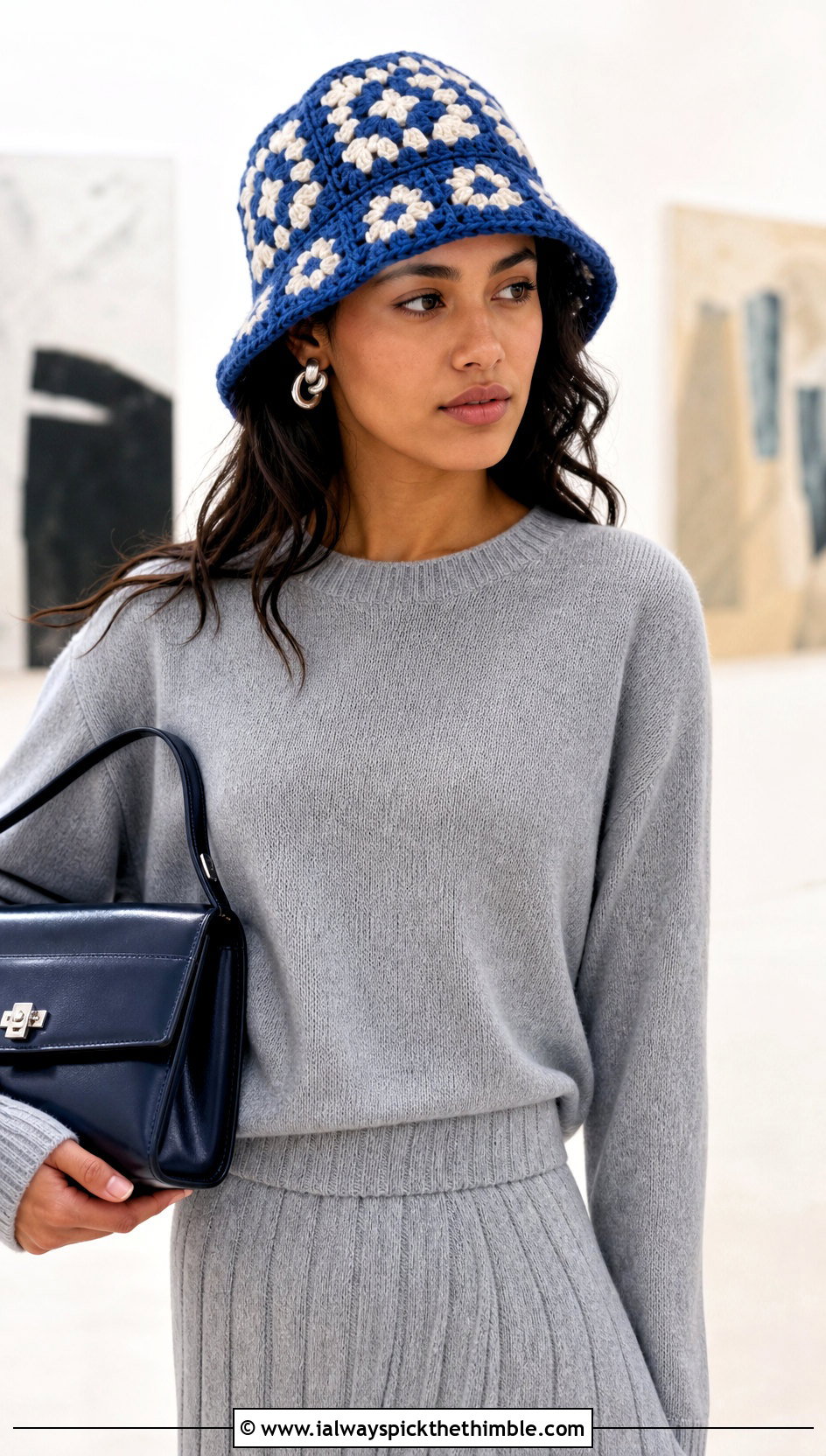 Mosaic Granny Square Bucket Hat With Monochrome Knit Set - 20 crochet square hat outfit ideas