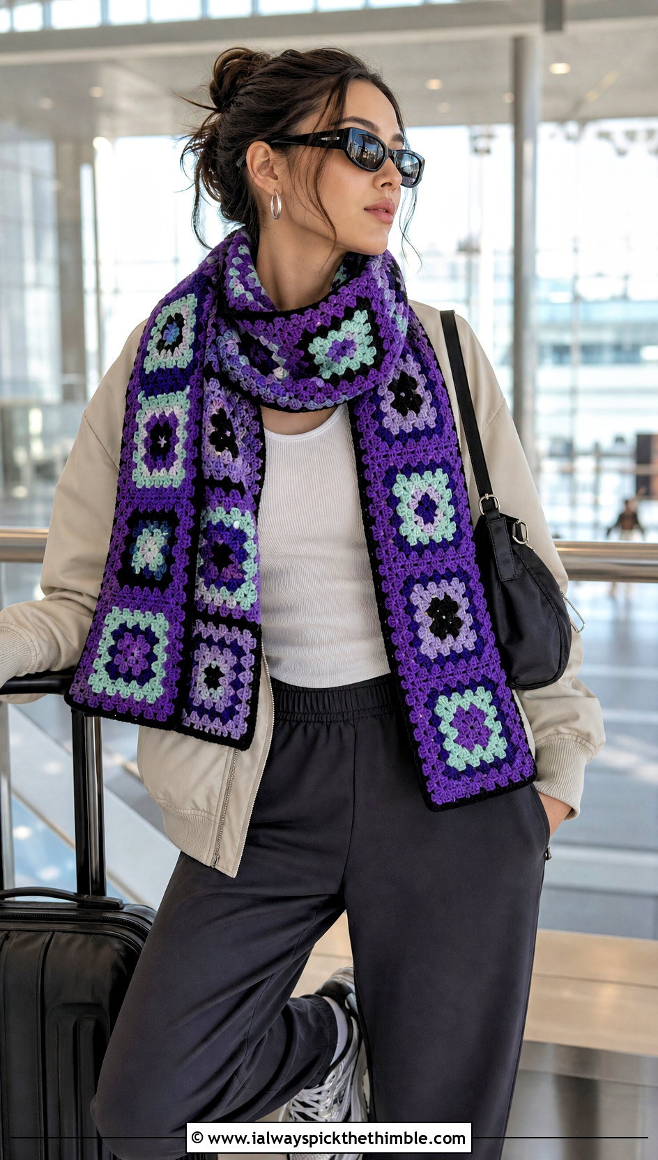 Mosaic Granny Square Scarf With Bomber Jacket And Track Pants - 25 granny square scarf outfit ideas