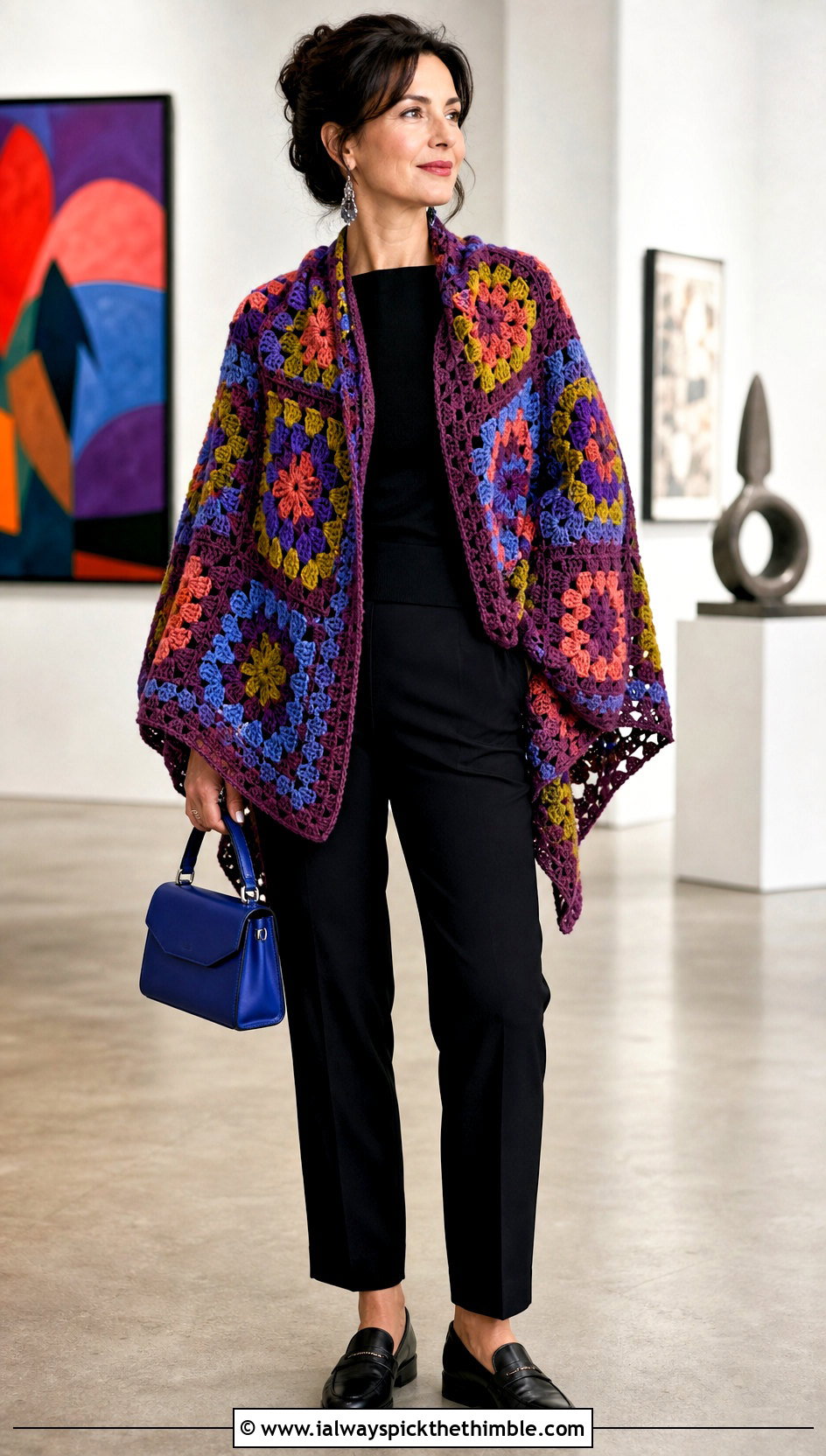 Mosaic Granny Square Shawl With Black Basics - 25 granny square shawl outfit ideas