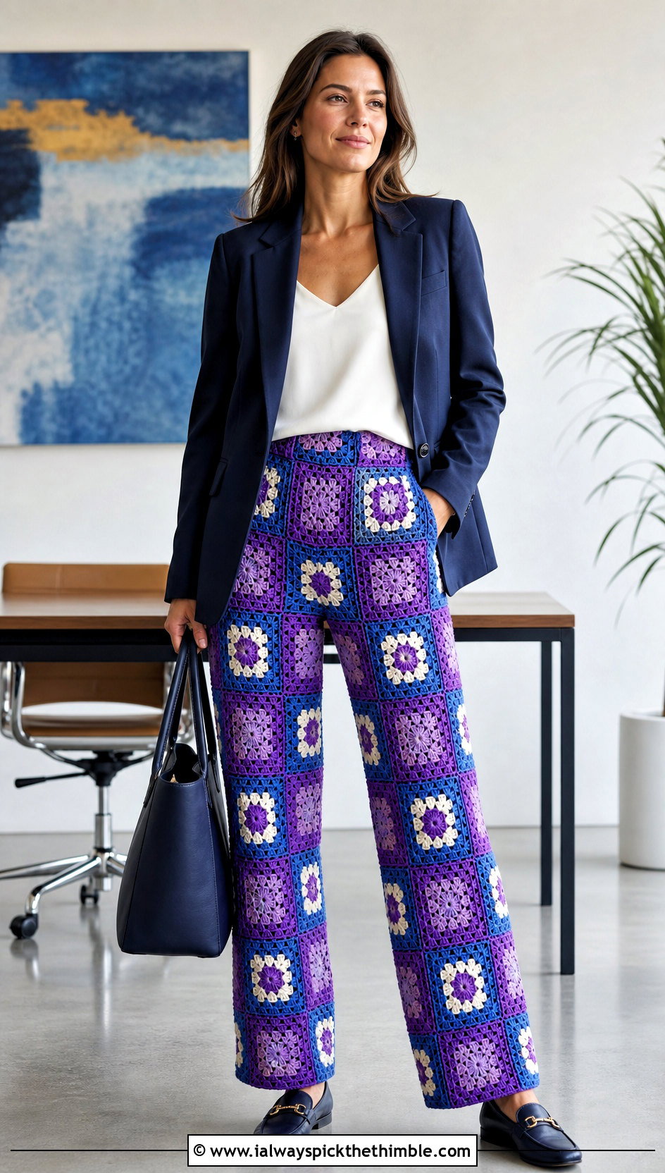 Mosaic Granny Square Trousers With Tailored Blazer - 25 granny square trousers outfit ideas