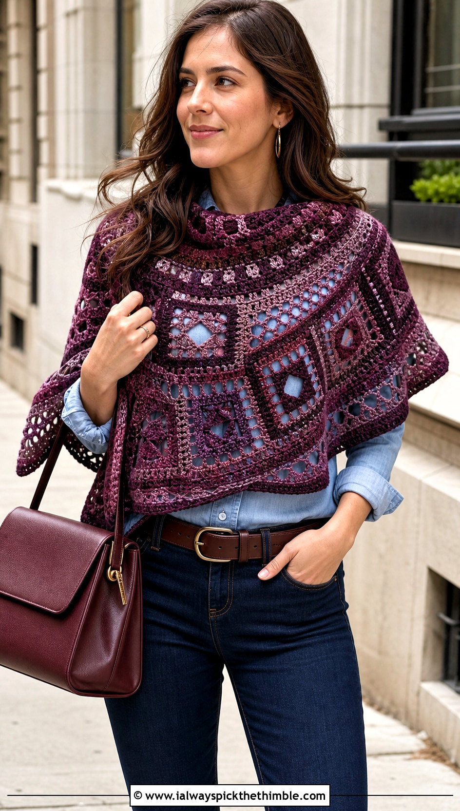 Mosaic Half Moon Crochet Shawl With Double Denim - 20 Half Moon Crochet Shawl outfit ideas