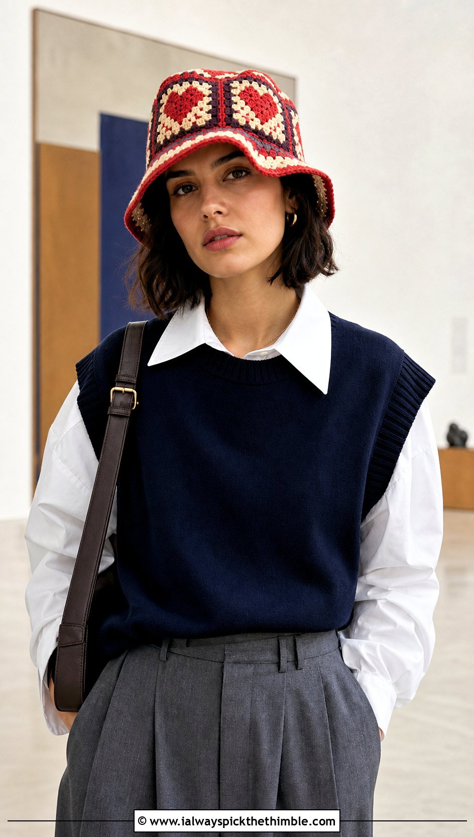 Mosaic Heart Bucket Hat With Sweater Vest - 20 crochet heart bucket hat outfit ideas