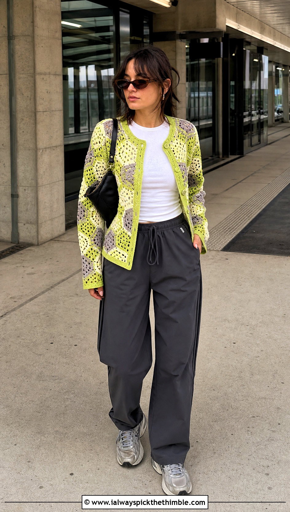 Mosaic Hex Crochet Cardigan With Track Pants - 25 hex crochet cardigan outfit ideas