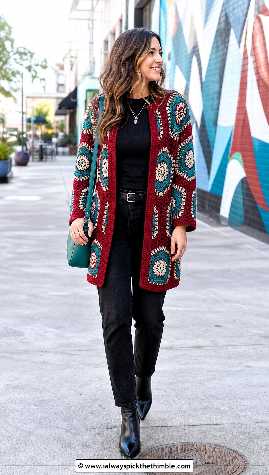 Mosaic Hexagon Crochet Cardigan With Black Jeans - 25 hexagon crochet cardigan outfit ideas