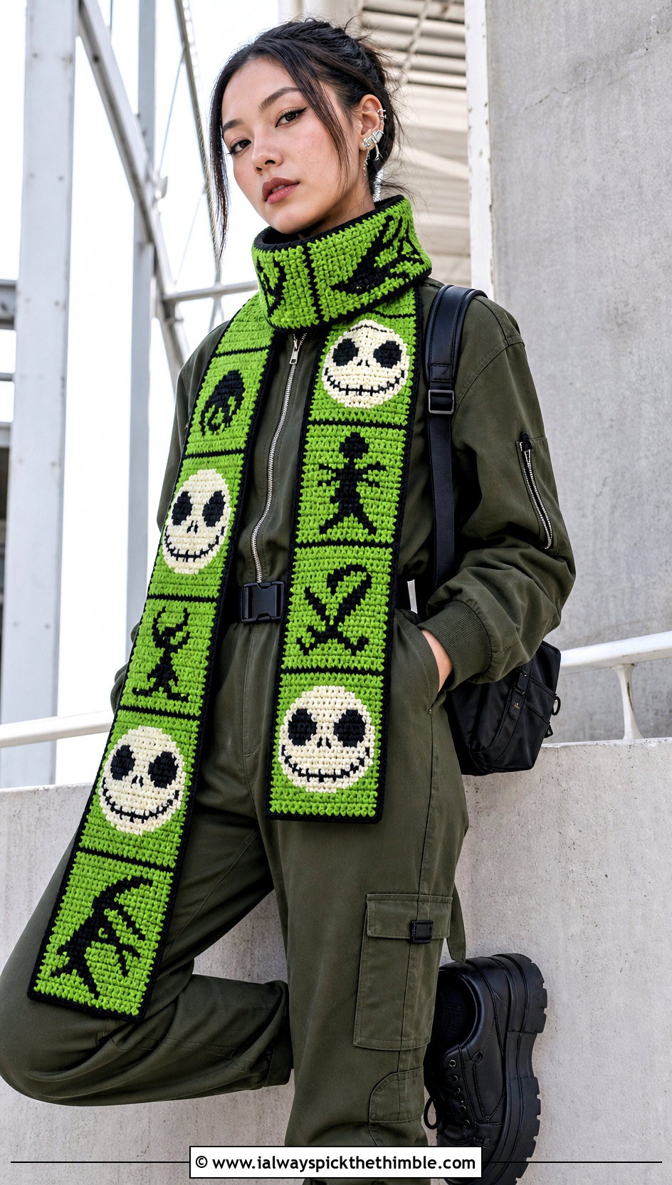 Mosaic Jack Skellington Crochet Scarf With Utility Jumpsuit - 20 Crochet Jack Skellington Scarf outfit ideas