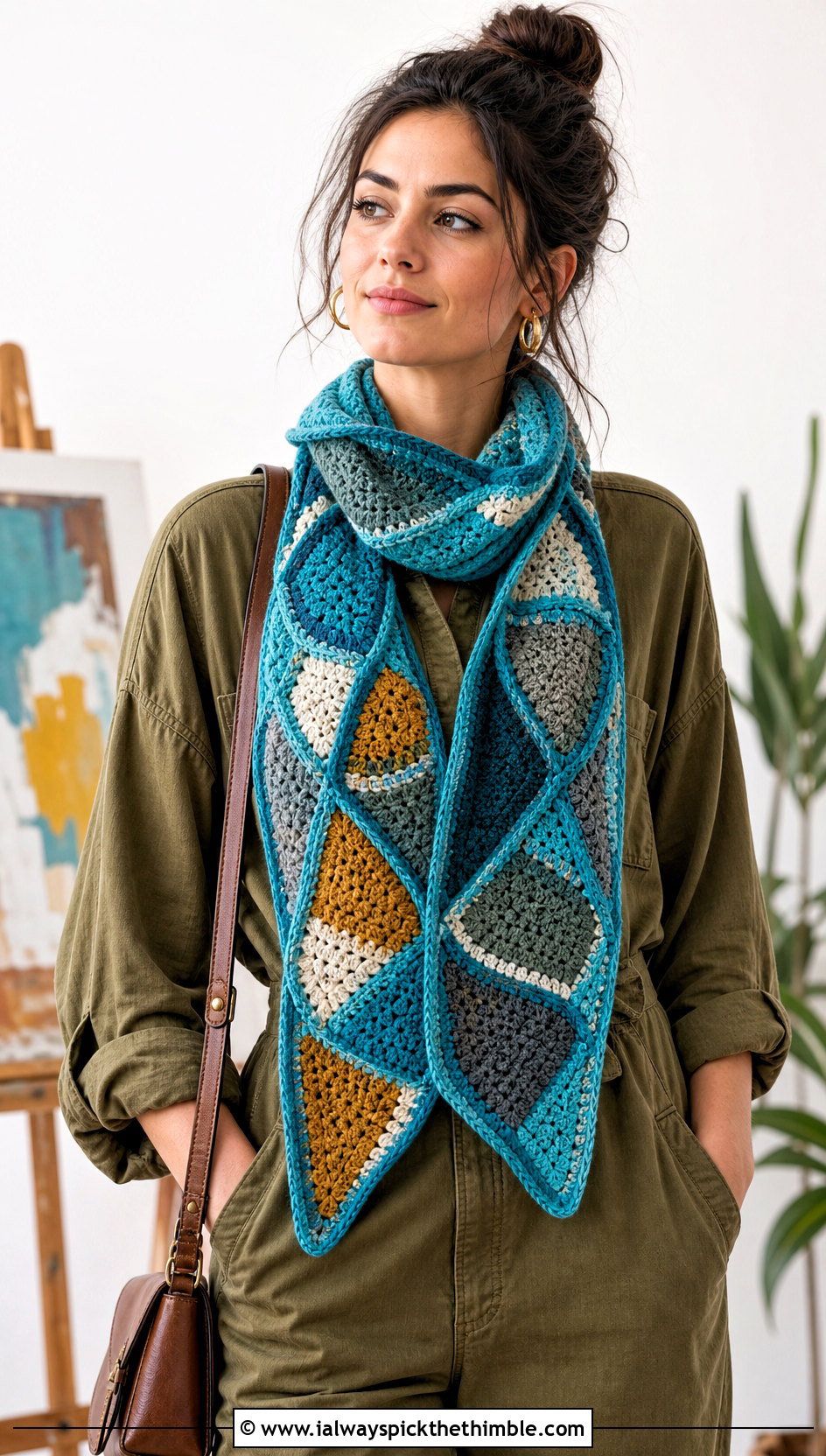 Mosaic Loop Freeform Crochet Scarf With Utility Jumpsuit - 20 Freeform Crochet Scarf outfit ideas