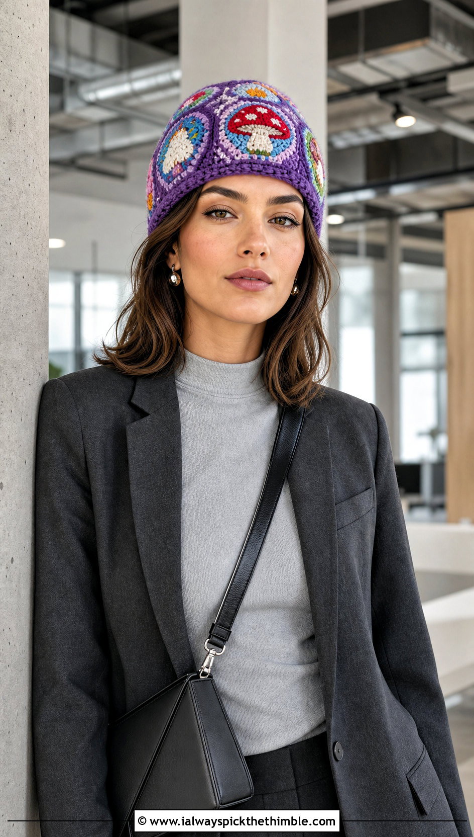 Mosaic Mushroom Beanie With Blazer And Trousers - 20 crochet mushroom beanie outfit ideas