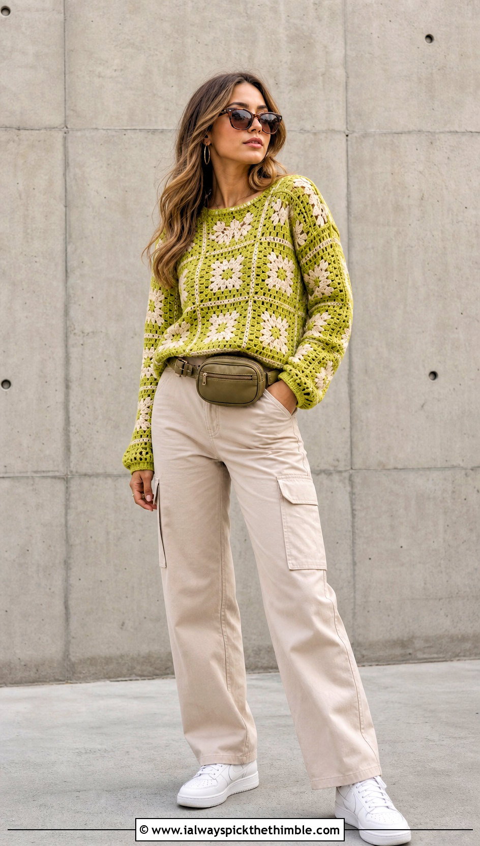 Mosaic Nordic Crochet Sweater With Cargo Pants - 20 nordic crochet sweater outfit ideas